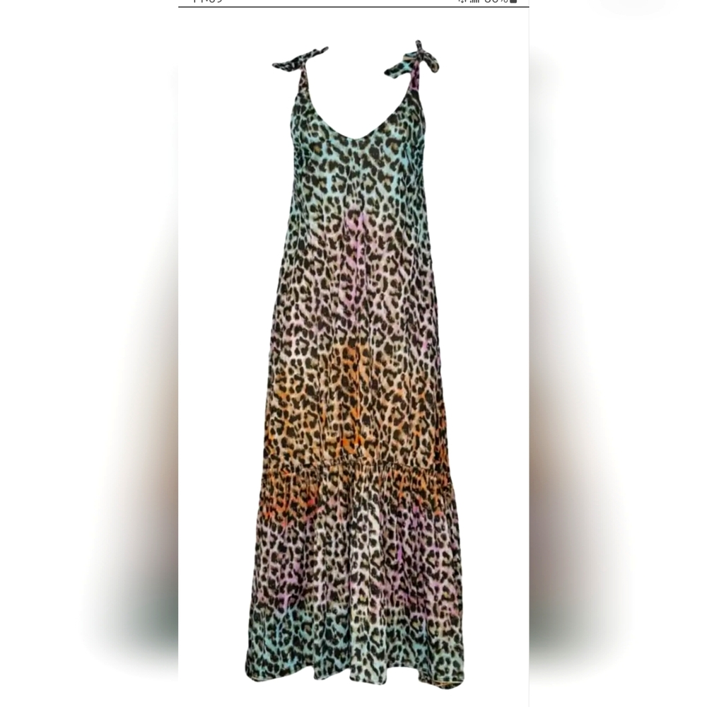 Juliet Dunn Multicolor Tie Dye Leopard V Neck Print Maxi Dress One Size Fits All